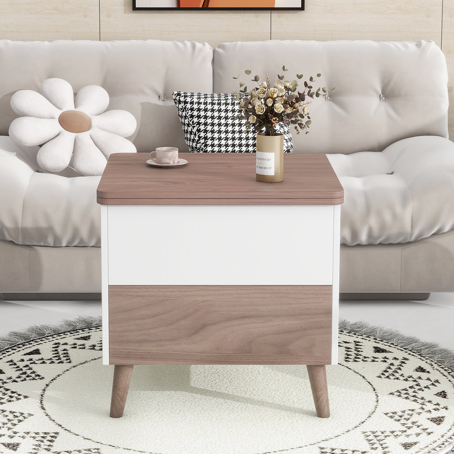 Walnut Extendable Coffee Table with Lift Top and Storage Shelf