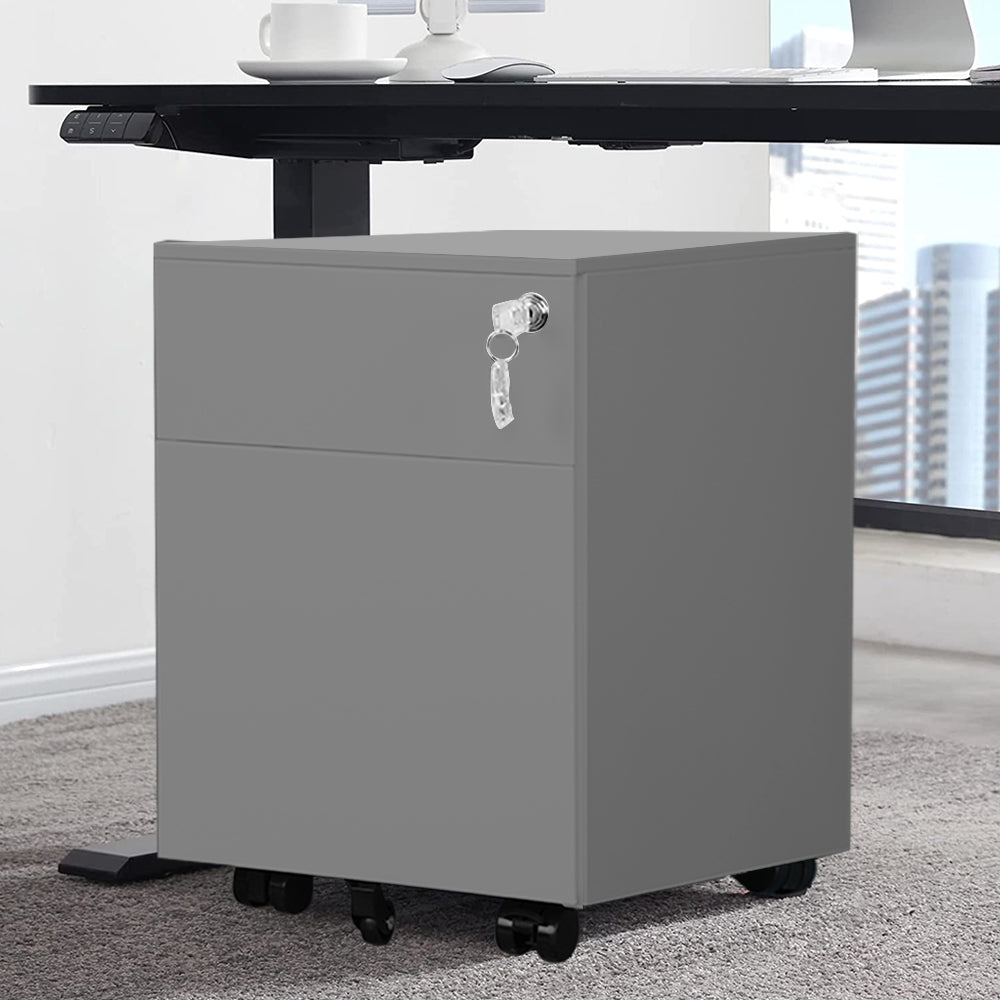 2 Drawer Grey Metal Filing Cabinet with Lock and Wheels