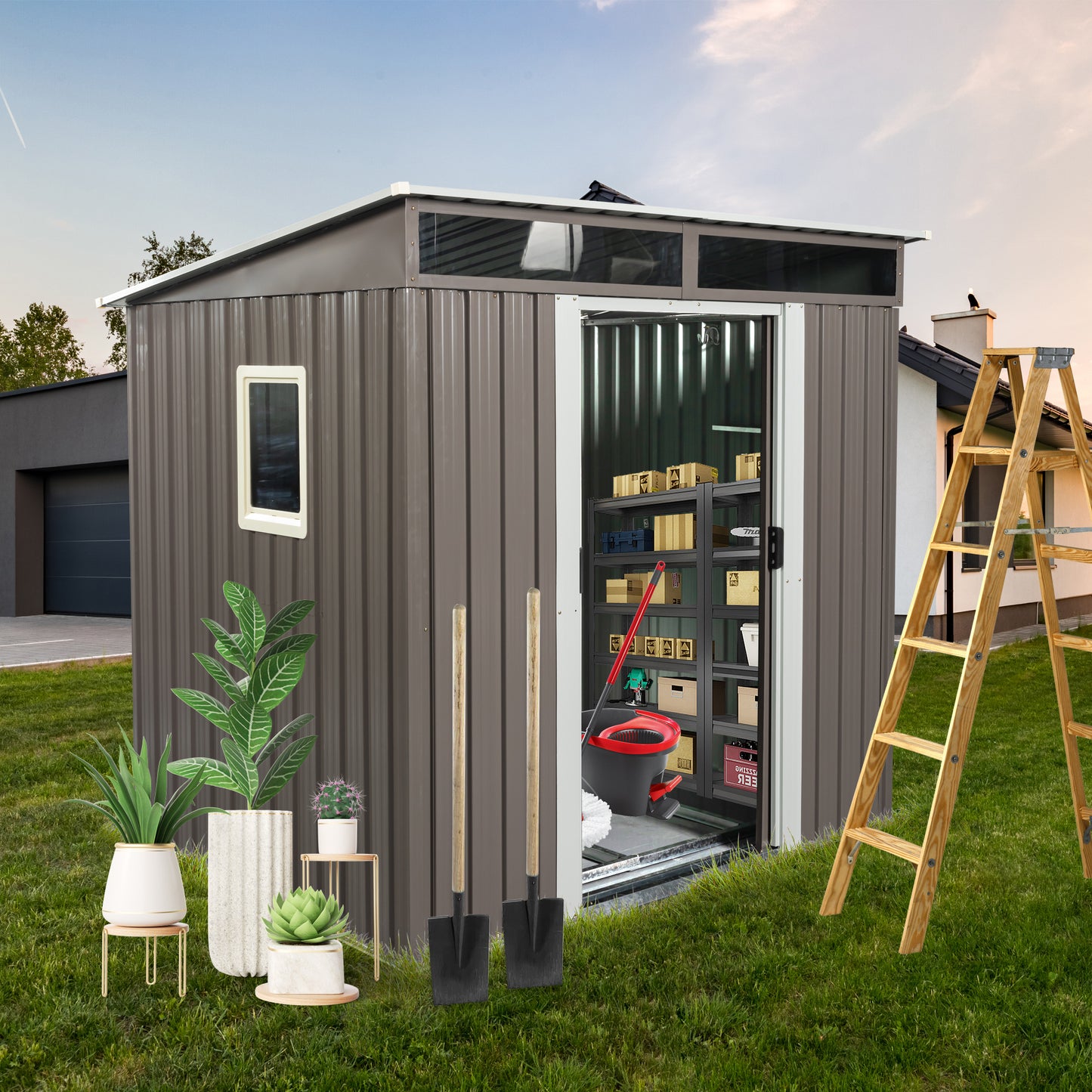 6ft x 5ft Outdoor Metal Storage Shed With window Transparent plate