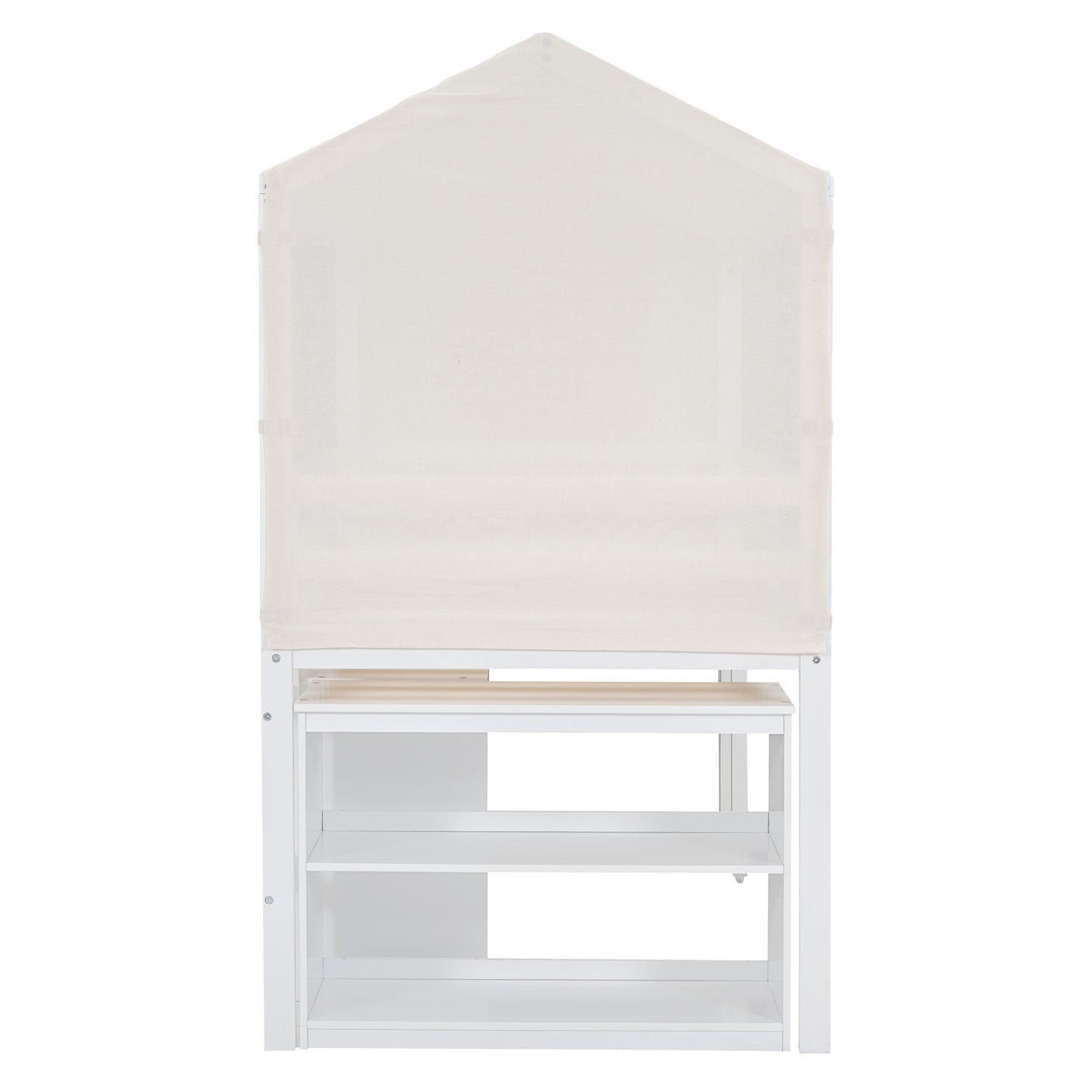 Twin Size Loft Bed with Rolling Cabinet, Shelf and Tent - White