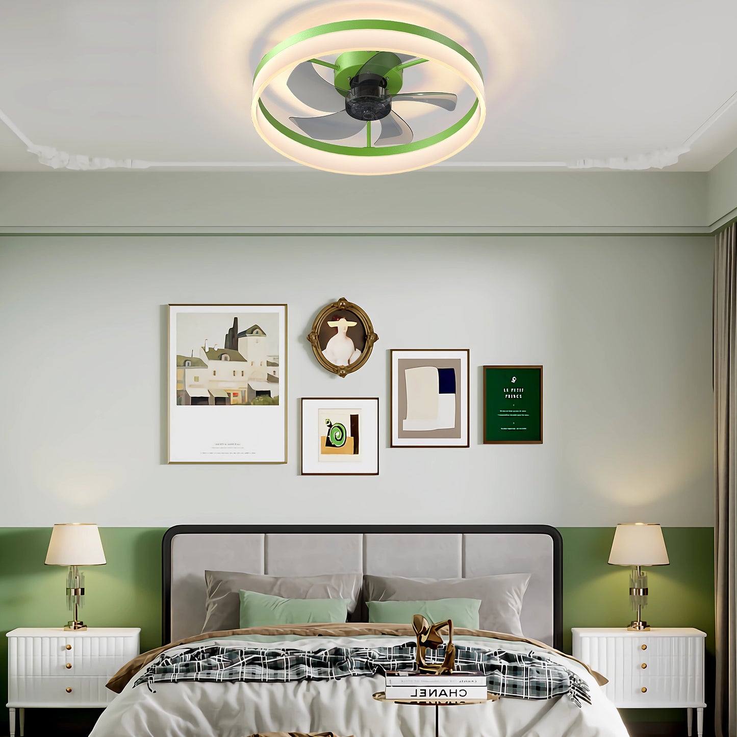 Green Modern Ceiling Fan with Dimmable LED Lights and Remote Control