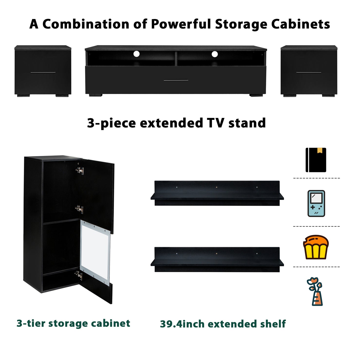 Modernized Black Floating TV Stand Set with 16-Color LED Lights for 90+ inch TV