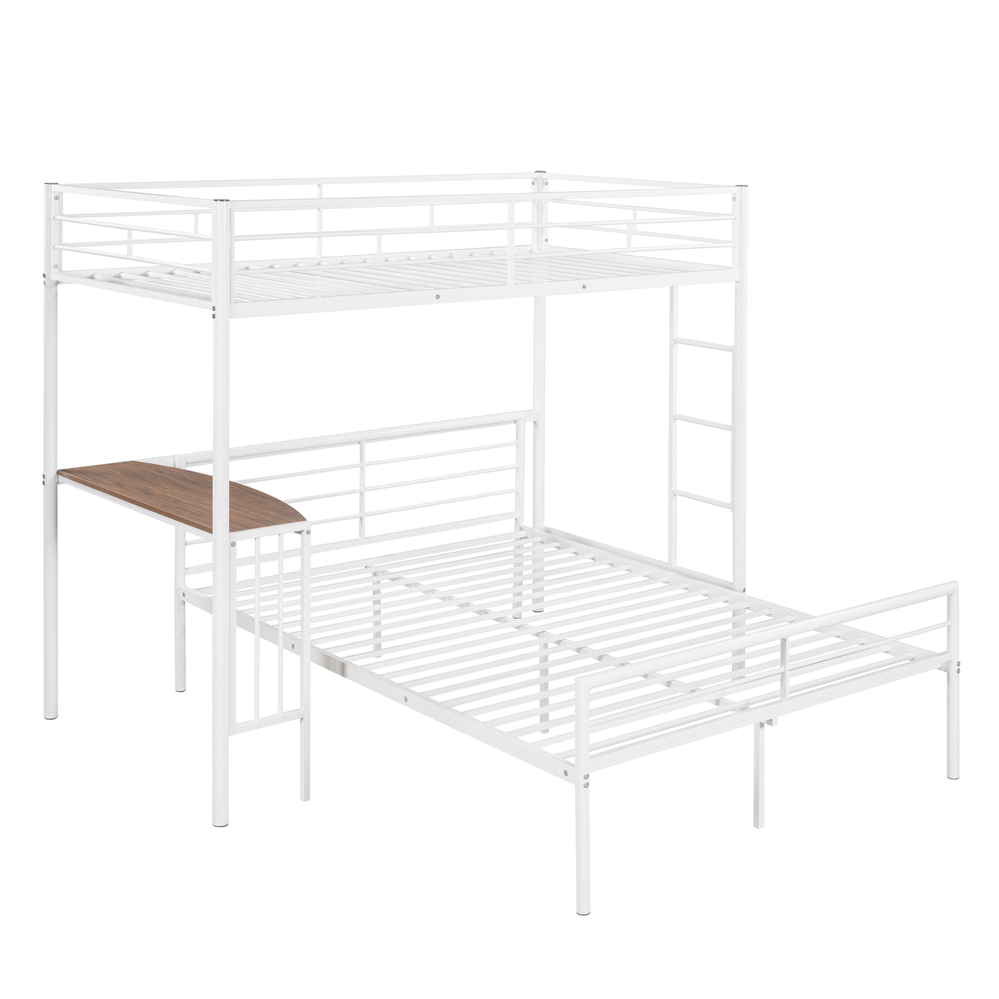 Metallic White Twin Over Full Bunk Bed with Desk and Ladder