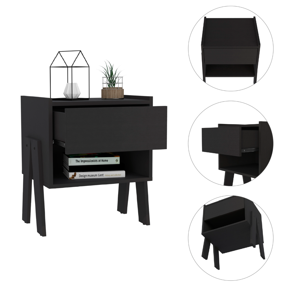 Joy Nightstand, Four Legs, One Open Shelf, One Drawer  -Black