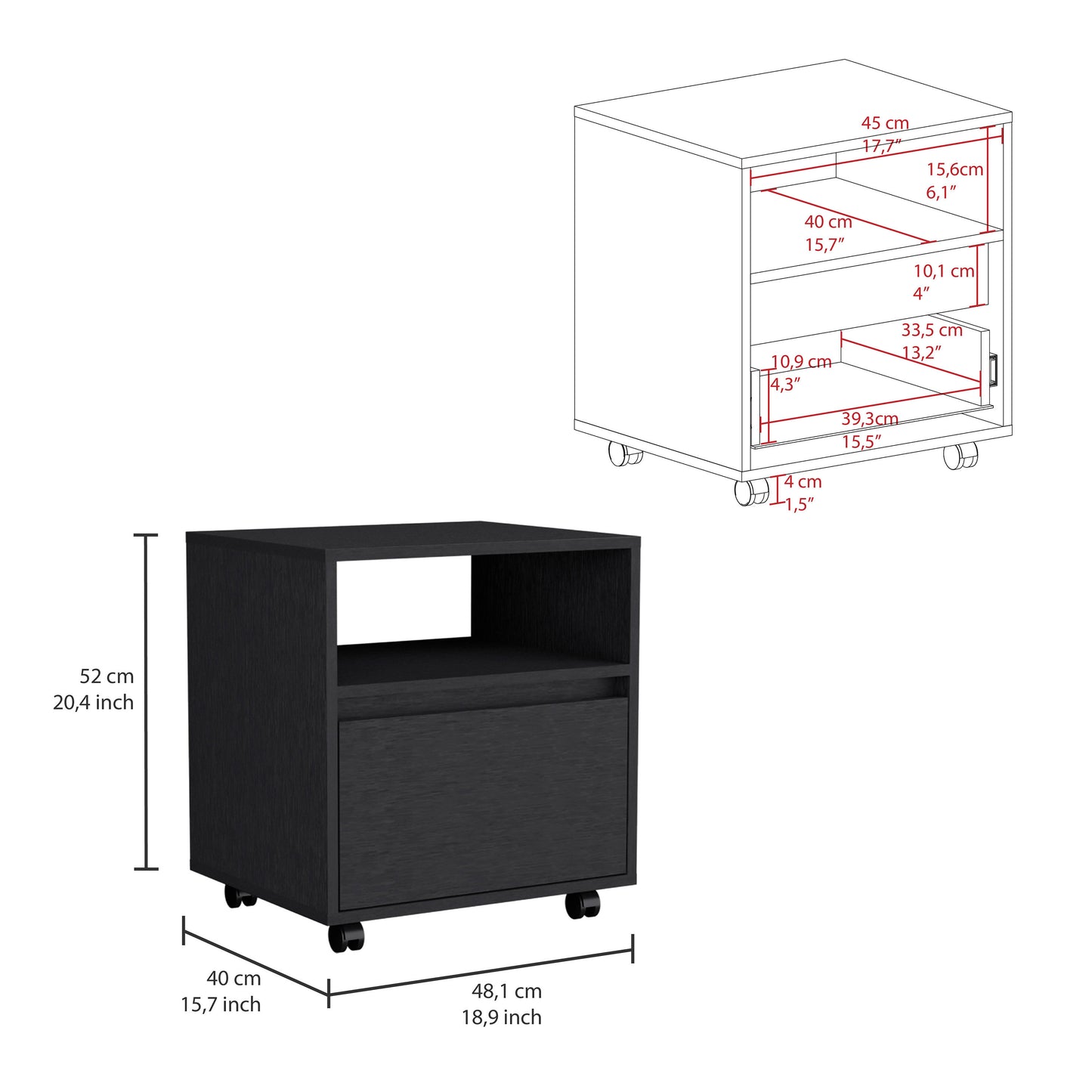 Austin Nightstand, Casters, Single Drawer-Black