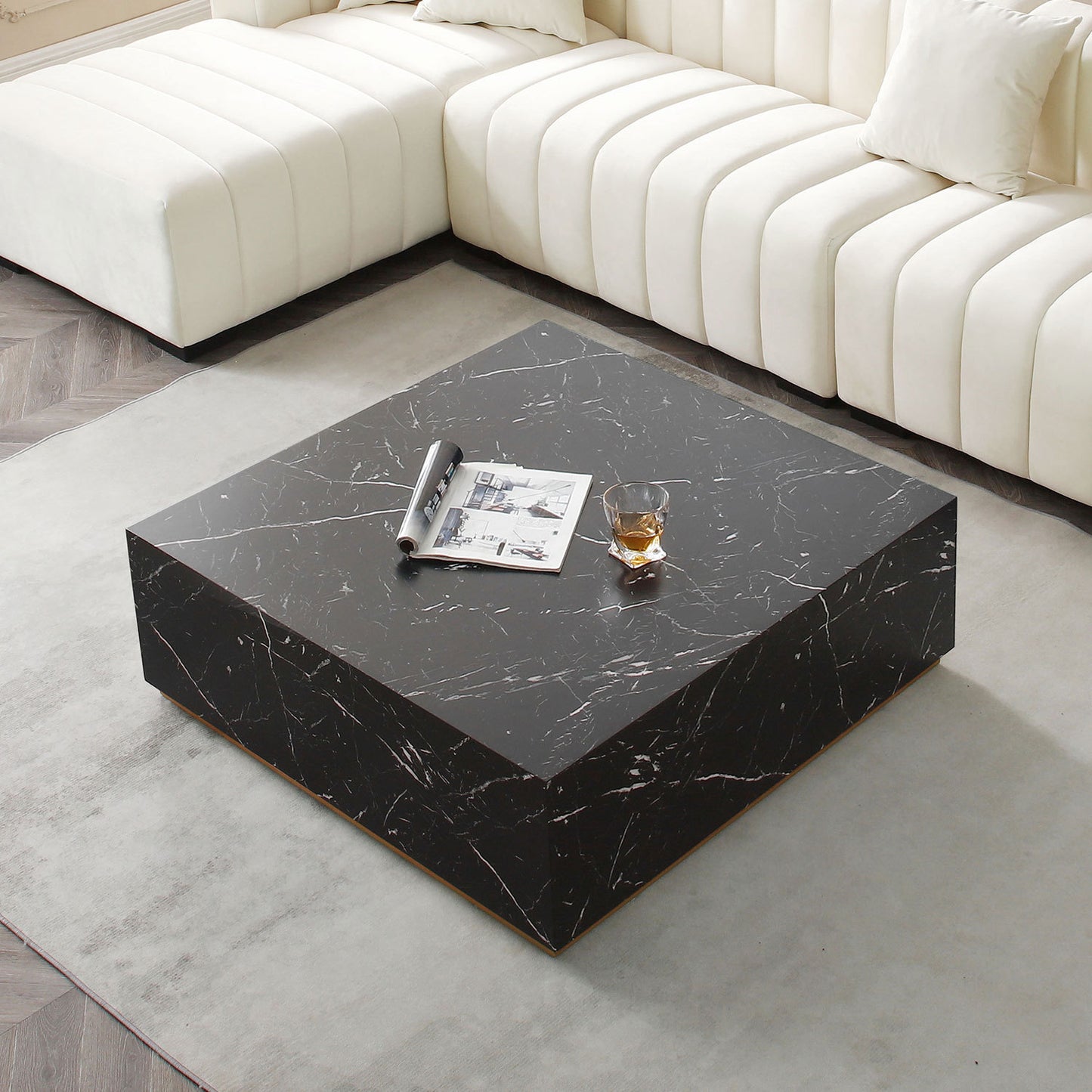 Elegant Black Marble Coffee Table with Gold Base Square Design 39.37W x 13.78H