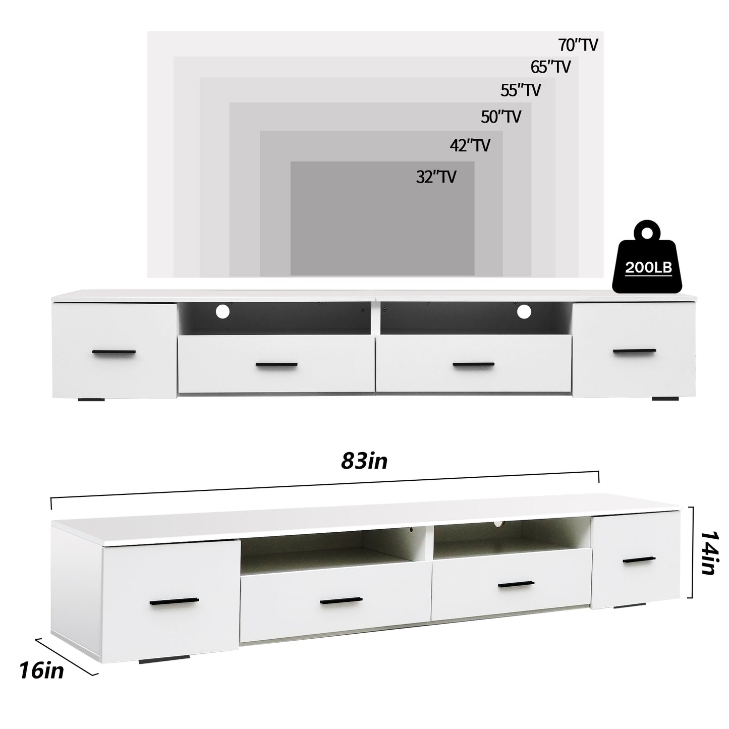 White TV Console with Large Drawers and LED Lights, 90 Inch TV Stand for Living Room