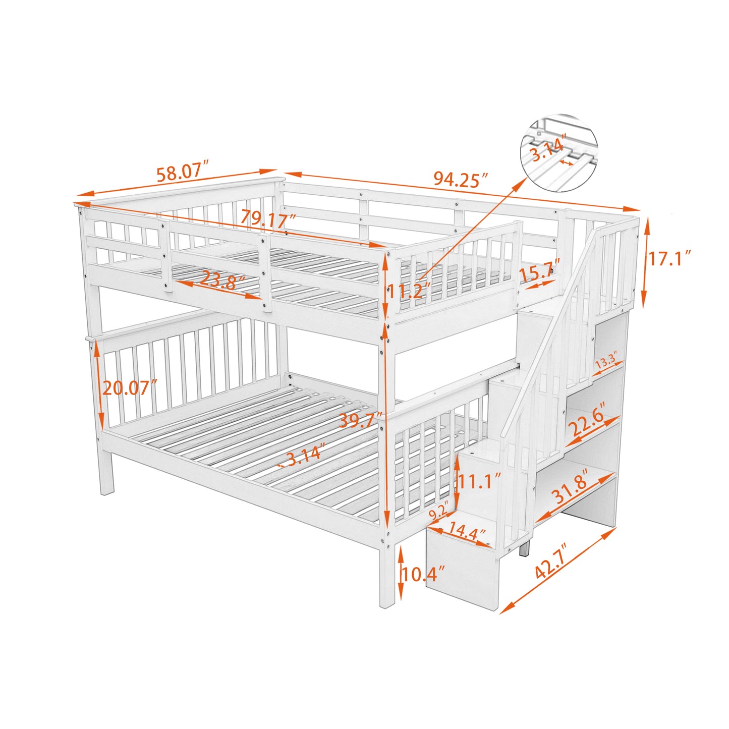 Stairway Full-Over-Full Bunk Bed with Storage, Guard Rail, and White Finish for Bedroom or Dorm with Ultimate Storage and Safety Features