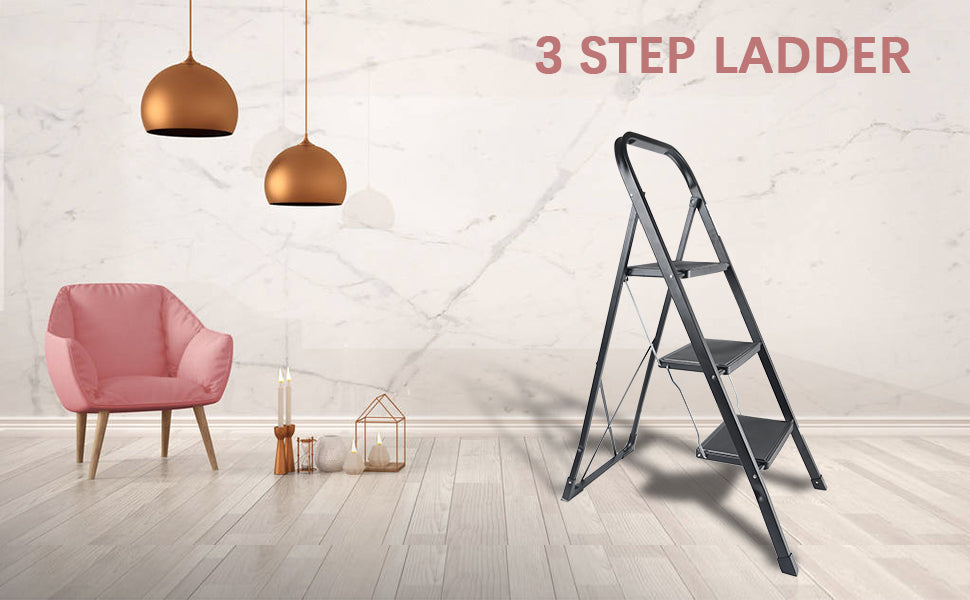 3 Step Ladder, Folding Step Stool with Wide Anti-Slip Pedal, 330 lbs Sturdy Steel Ladder, Convenient Handgrip, Lightweight, Portable Steel Step Stool, Black (HILADDFOLD3B)