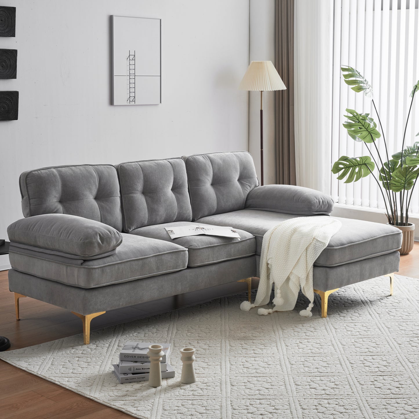 Modern Velvet L-Shaped Sectional Sofa in Light Grey