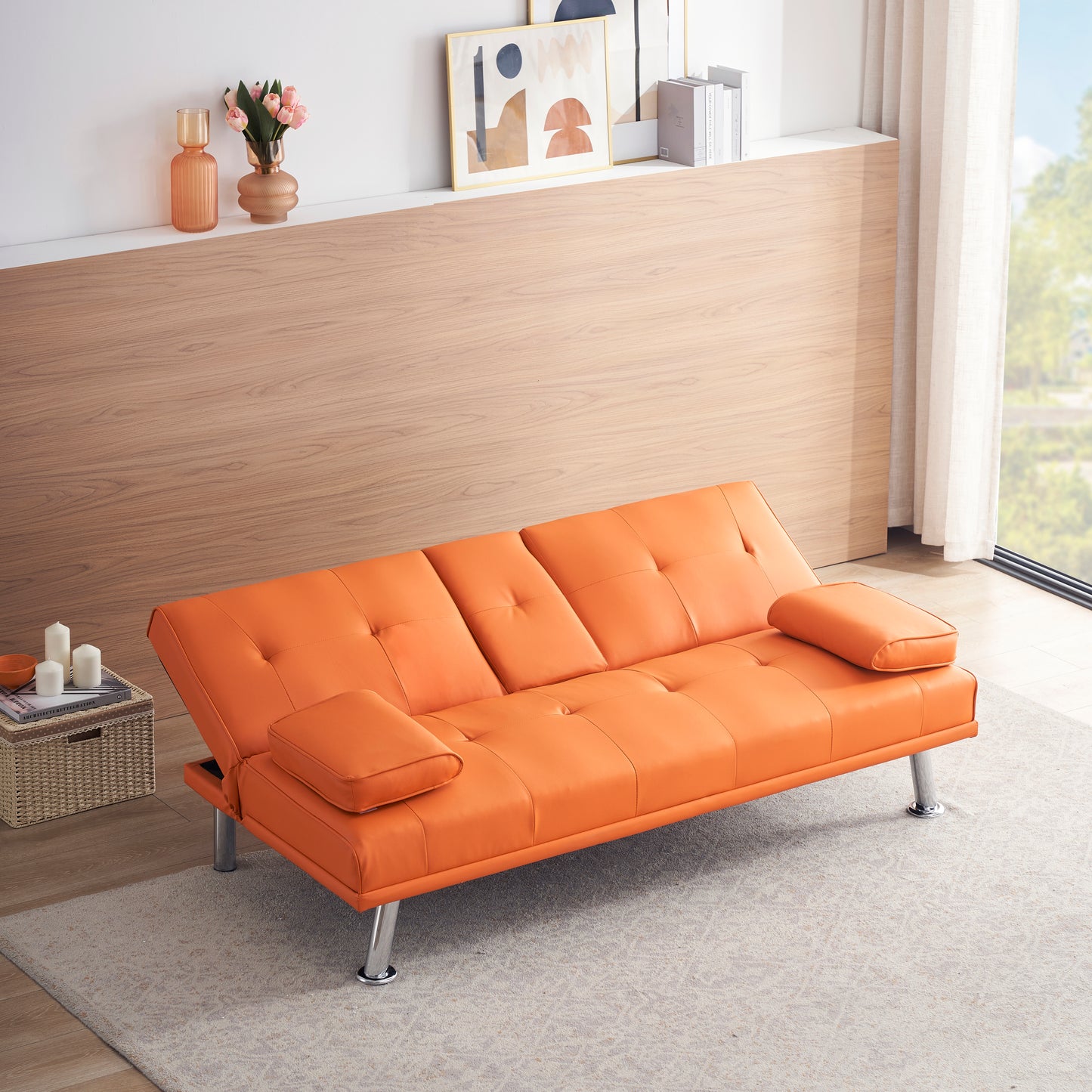 67 Orange Leather Multifunctional Double Folding Sofa Bed with Built-In Coffee Table