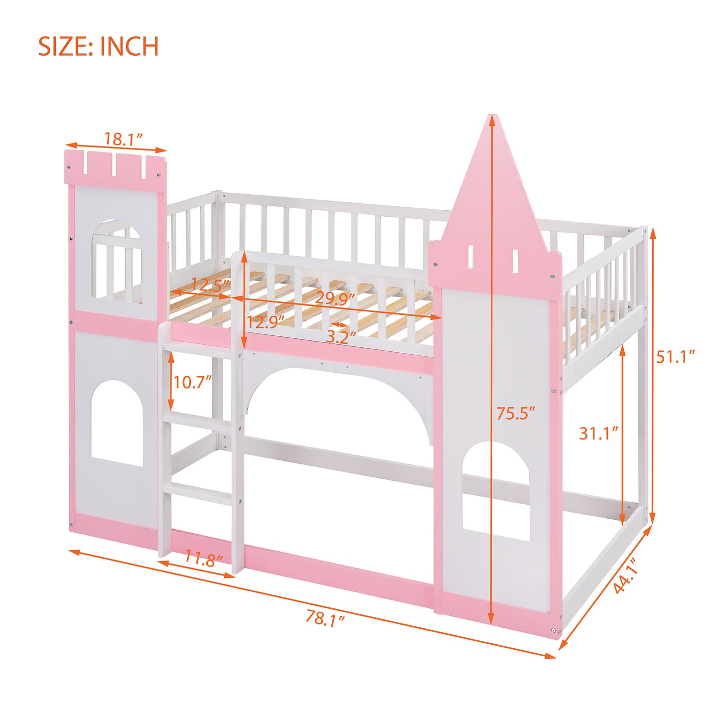 Twin Pink Castle Bunk Bed with Ladder & Play Space