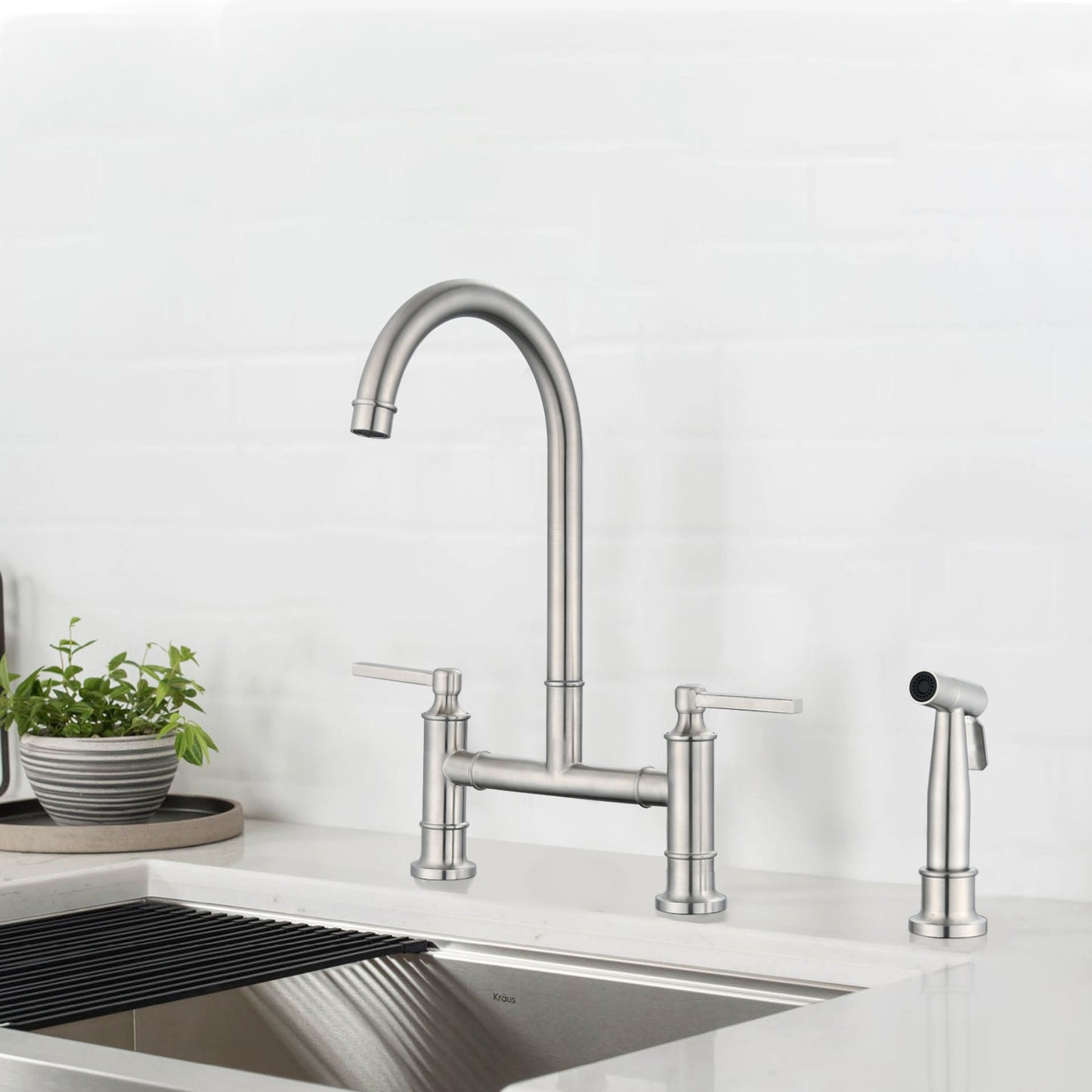 Double Handle Bridge Kitchen Faucet with Side Spray