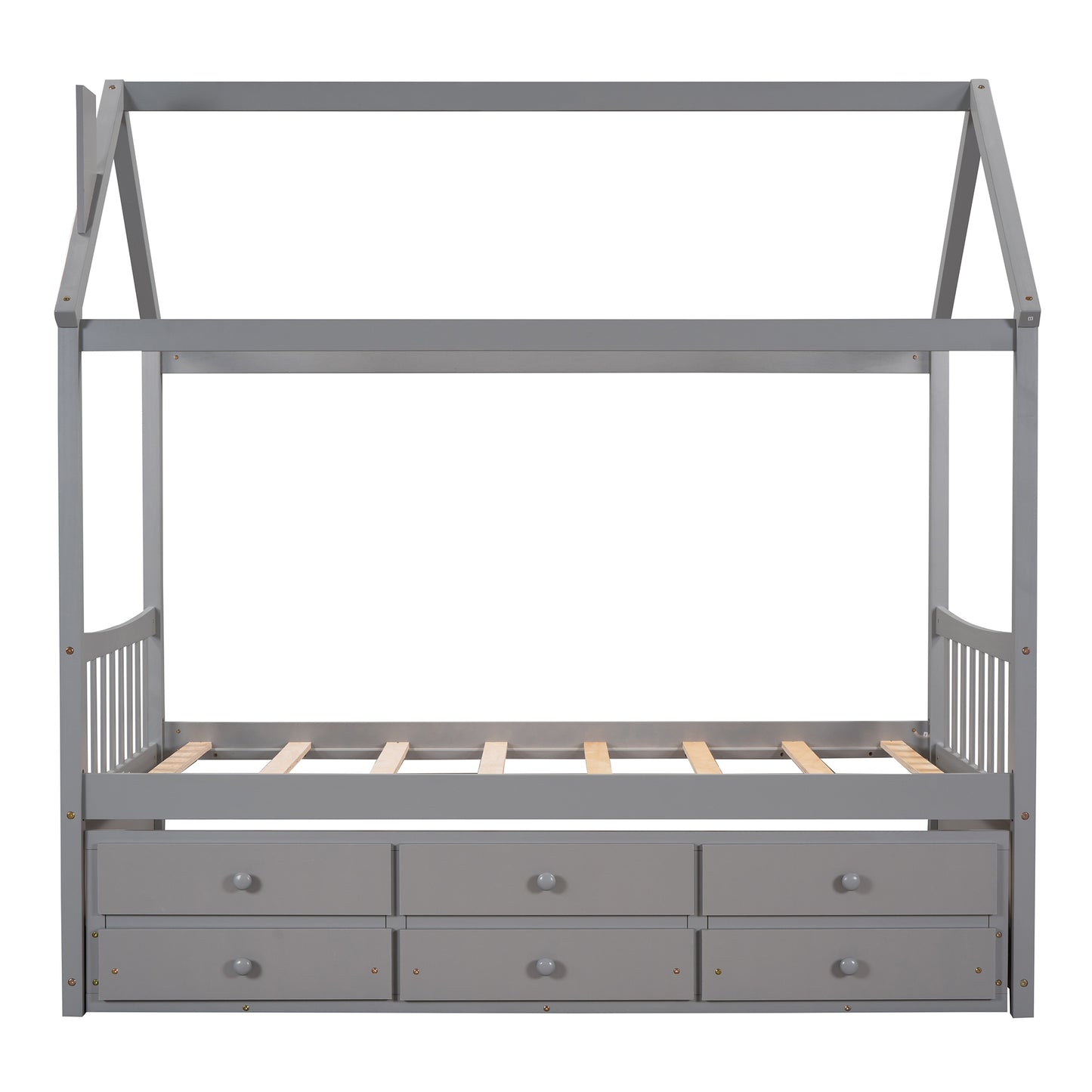 Twin size Wooden House Bed with Trundle and 3 Storage Drawers-Gray