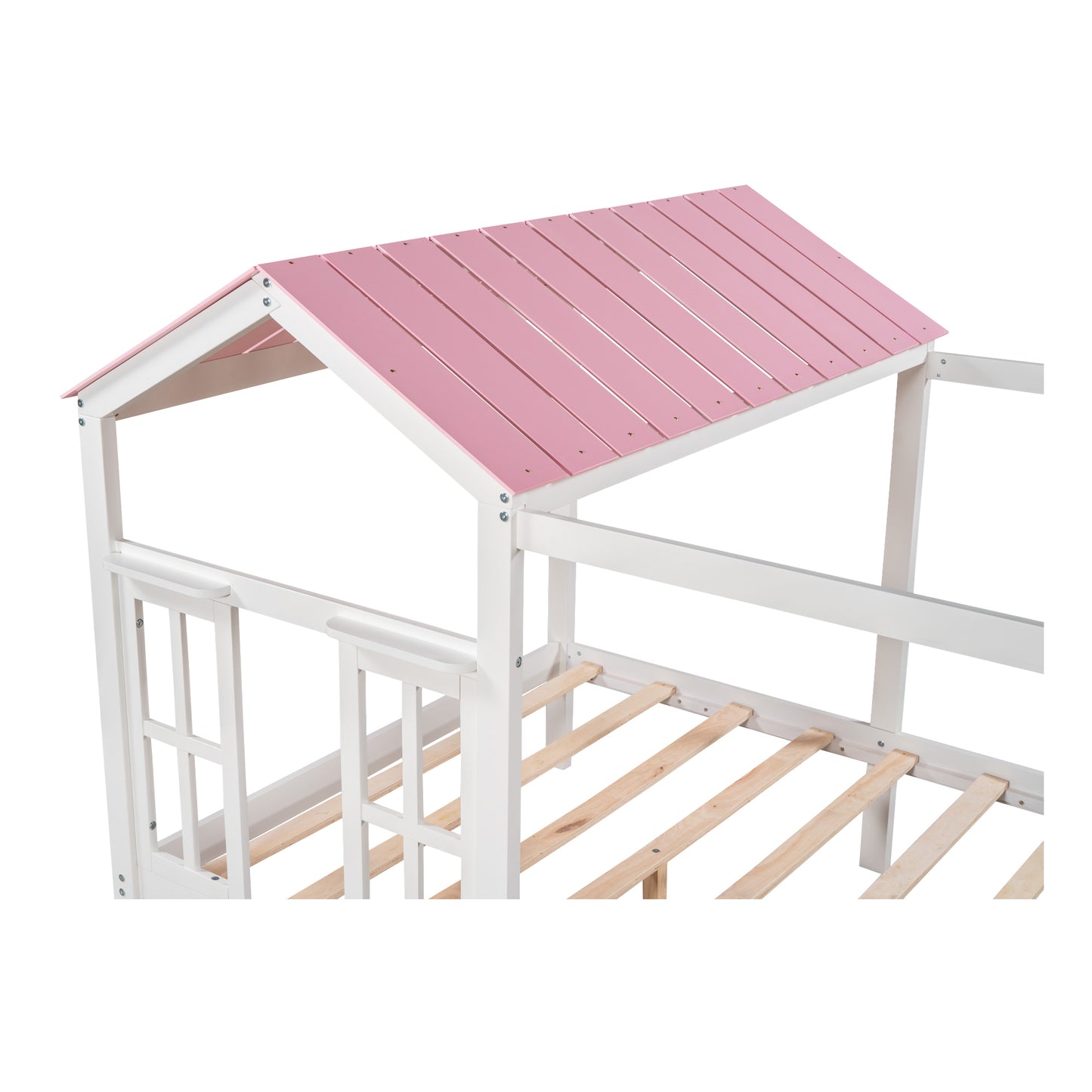 Full Size House Bed with Roof, Window and Drawer - Pink + White