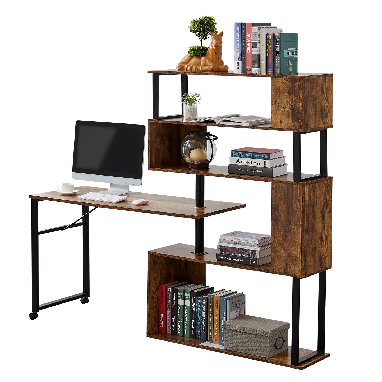 Modern L-Shaped Computer Desk with Rotating Bookshelf - Brown Tiger Wood