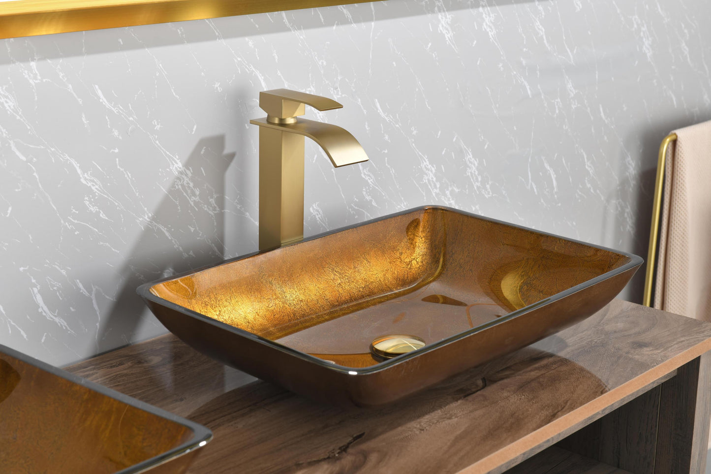 Gold Glass Rectangular Vessel Bathroom Sink Set with Faucet and Pop-Up Drain