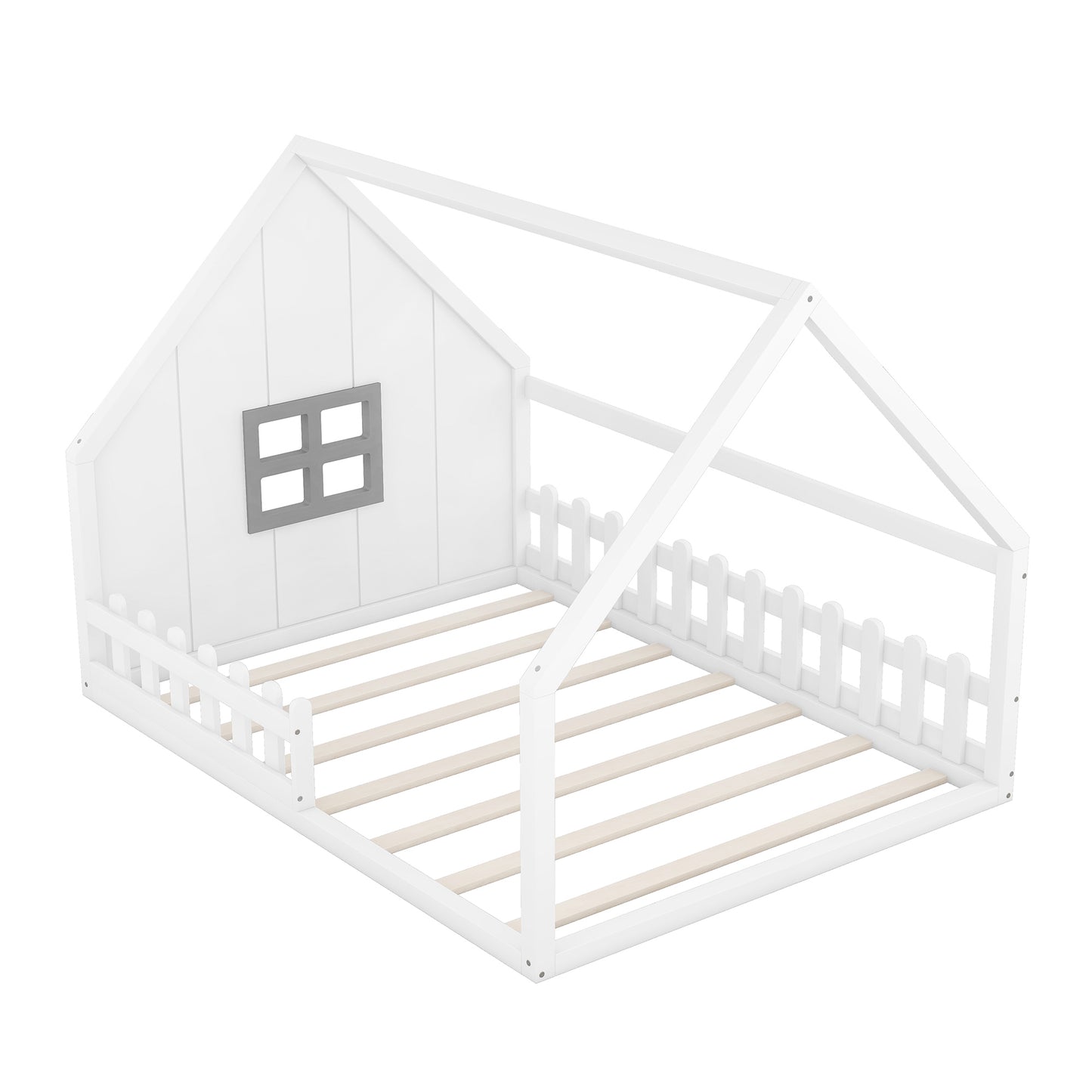 Full Size Wood House Bed with Window and Fence, White