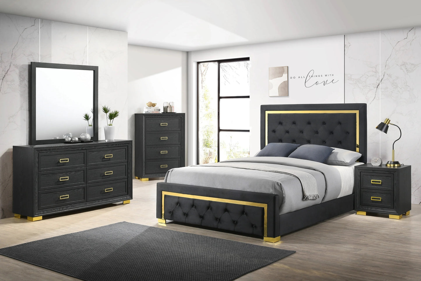 Glamorous 1pc Modern Glam Style 2-Drawer Nightstand Black Gold Finish Gold-colored Hardware Bedroom Furniture