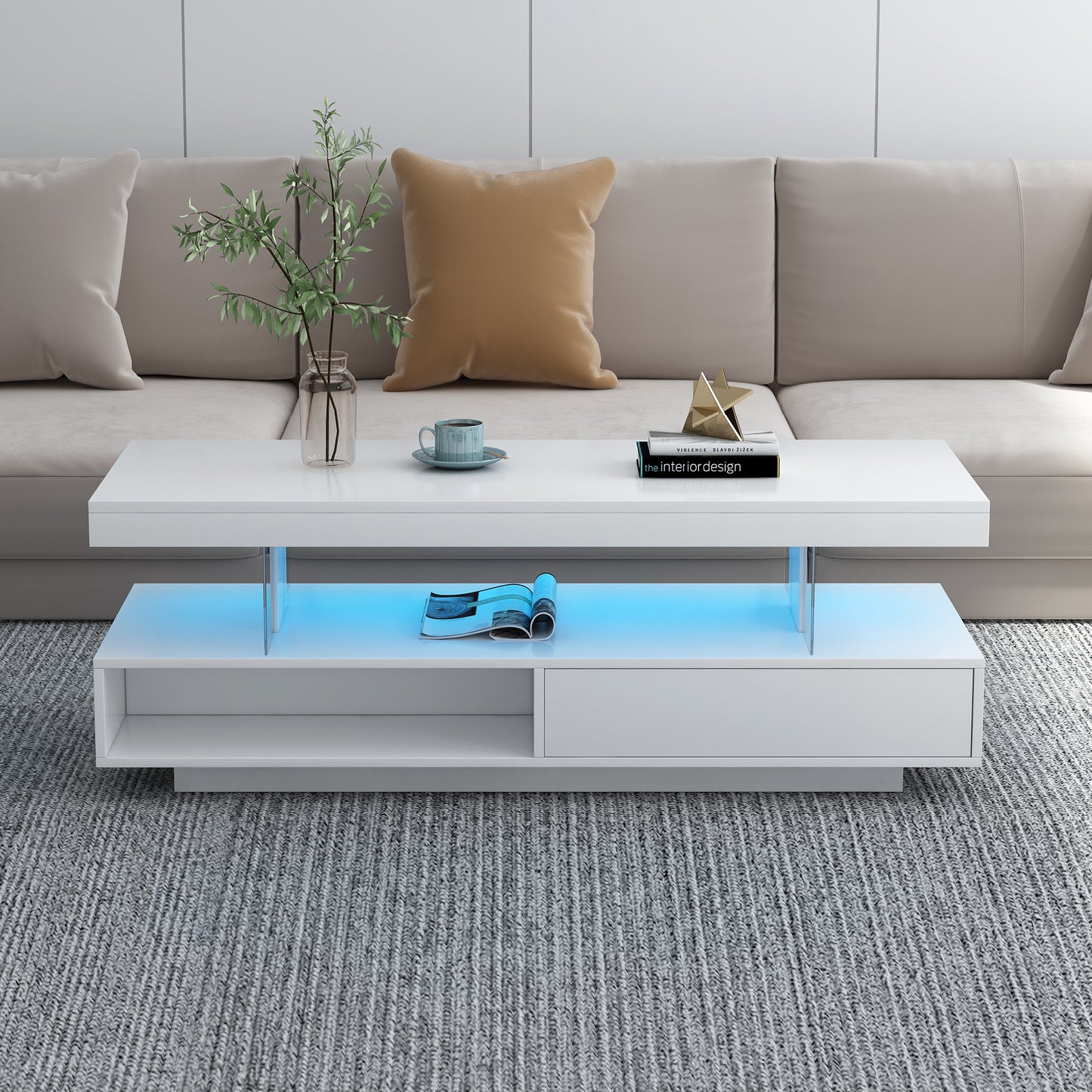 Modern LED Coffee Table with Storage Drawers and Display Shelves, Accent Furniture with Multicolor LED Lights