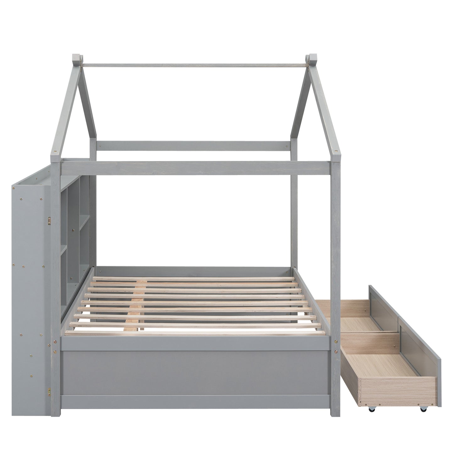 Full Size House Bed with Storage Shelves and 2 Drawers, Brushed Gray