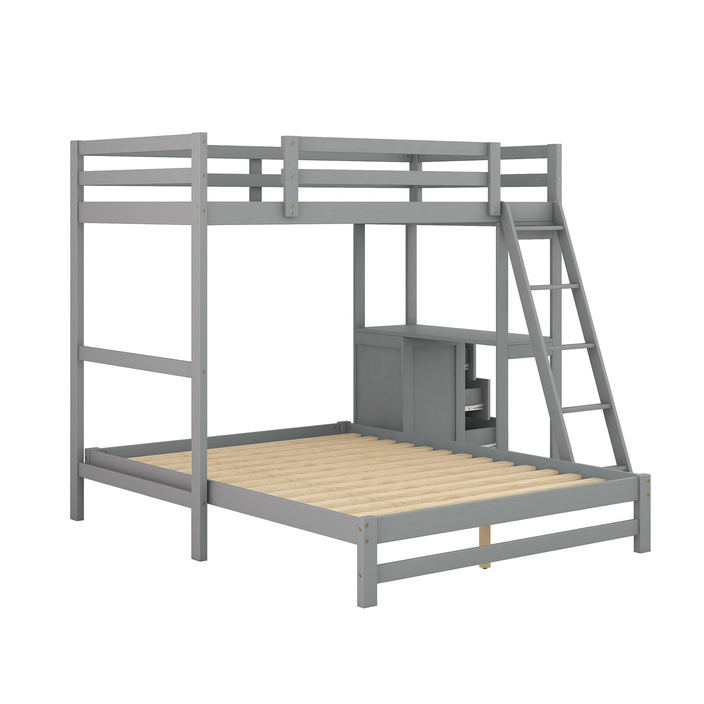 Grey Twin over Full Bunk Bed with Desk and Storage