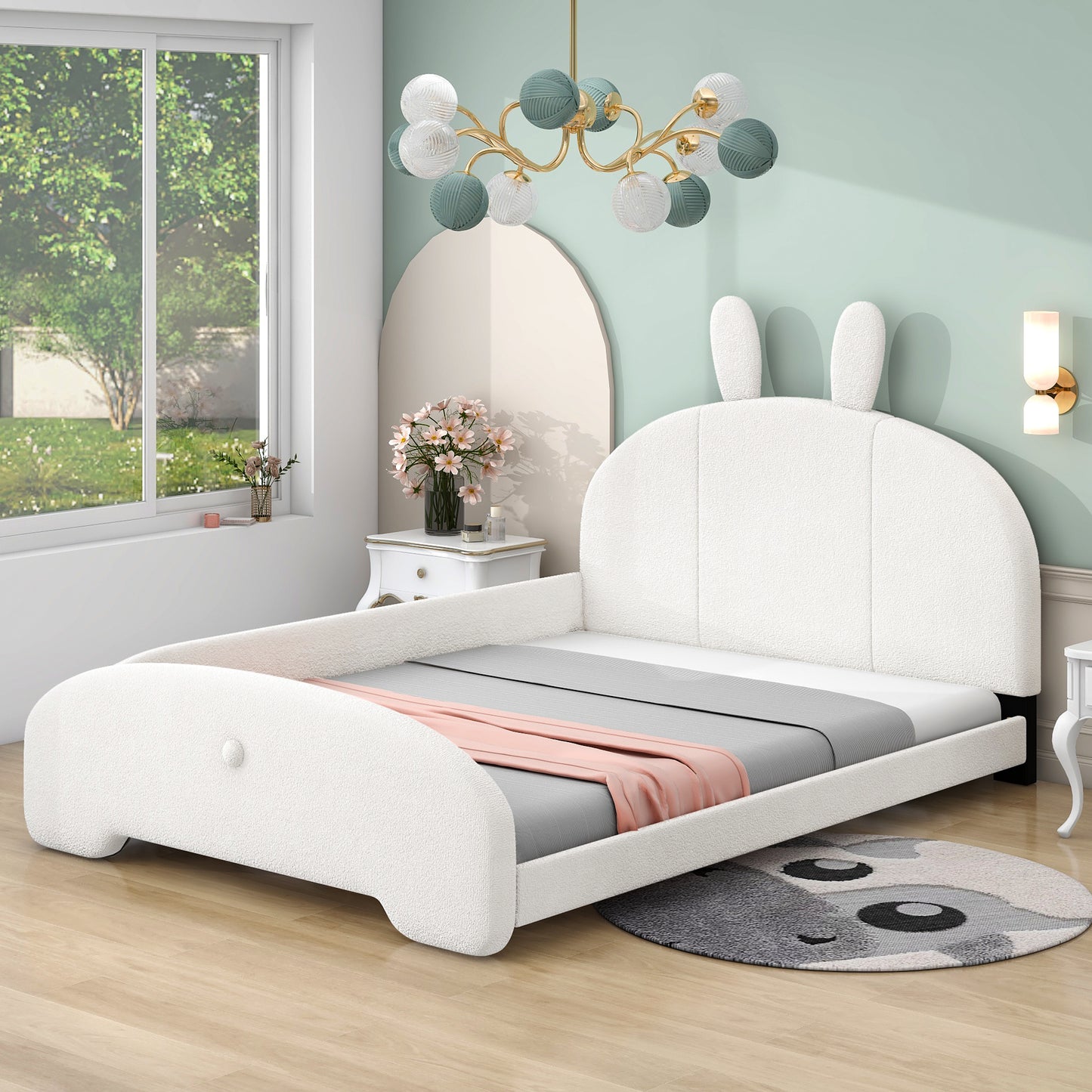 Full Size Upholstered Platform Bed with Cartoon Ears Shaped Headboard, White