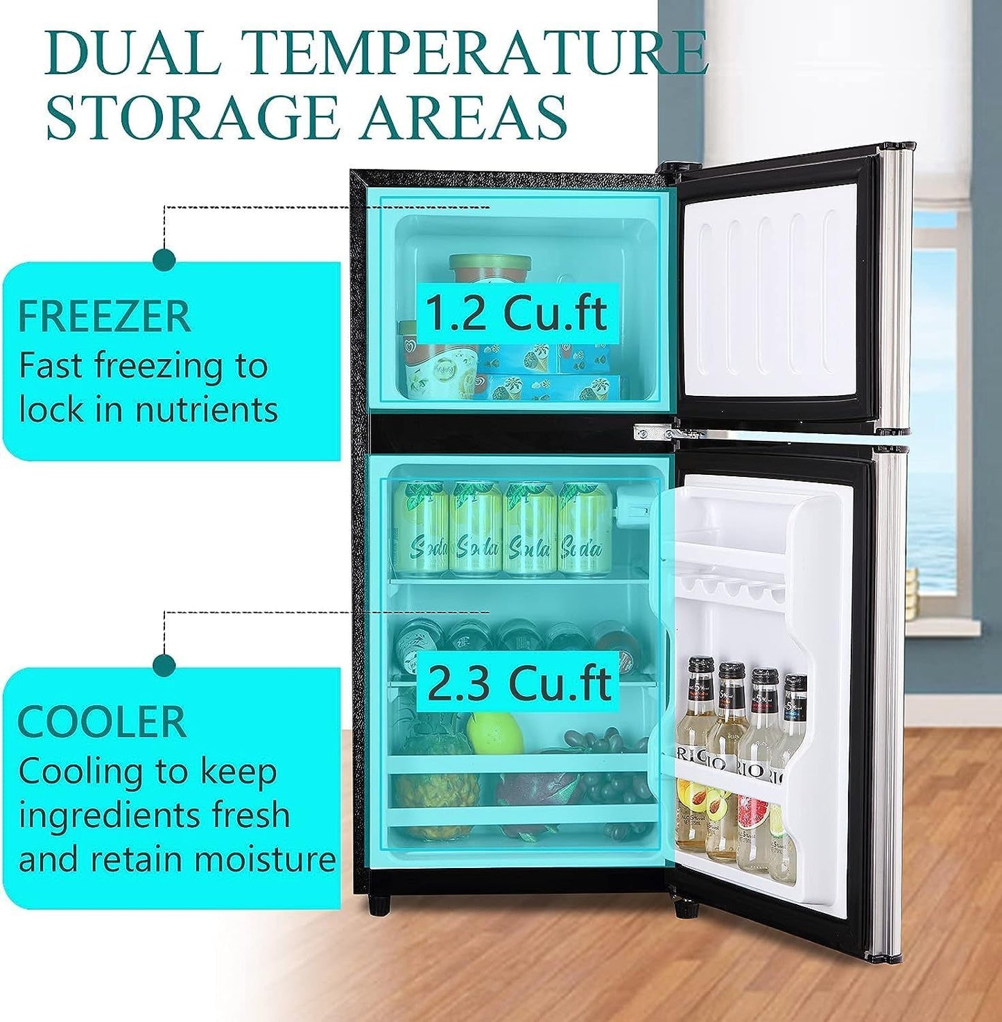 3.5Cu.Ft Compact Silver Mini Fridge with Freezer and Adjustable Thermostat