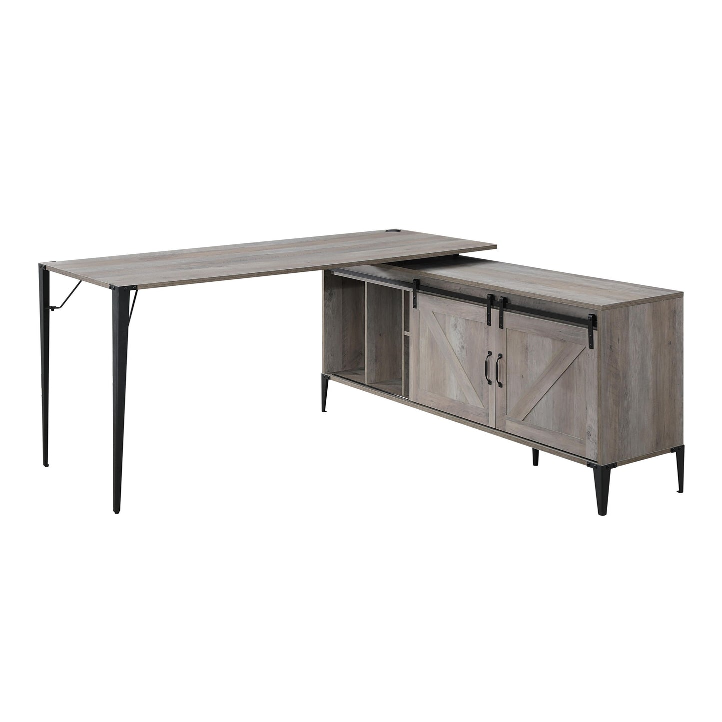 Rustic Gray Oak Writing Desk with Sliding Barn Doors and Industrial Finish - Zakwani Writing Desk