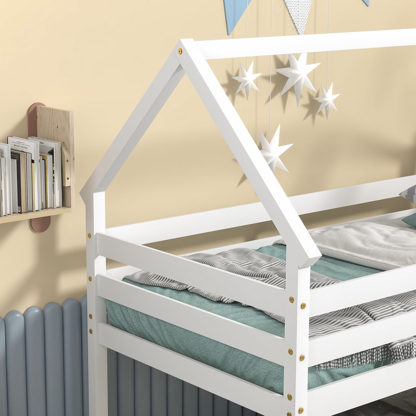 Twin over Twin Loft Bed with Roof Design, Safety Guardrail, Ladder, White