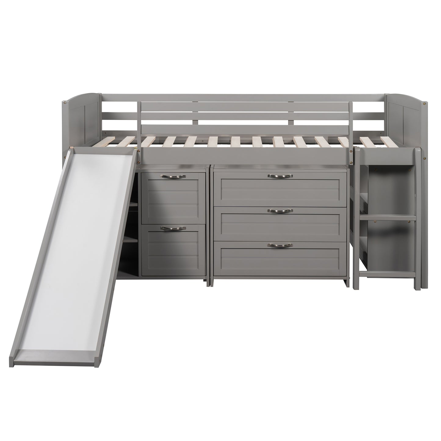 Low Twin Size Loft Bed with Cabinets, Shelves and Slide - Gray