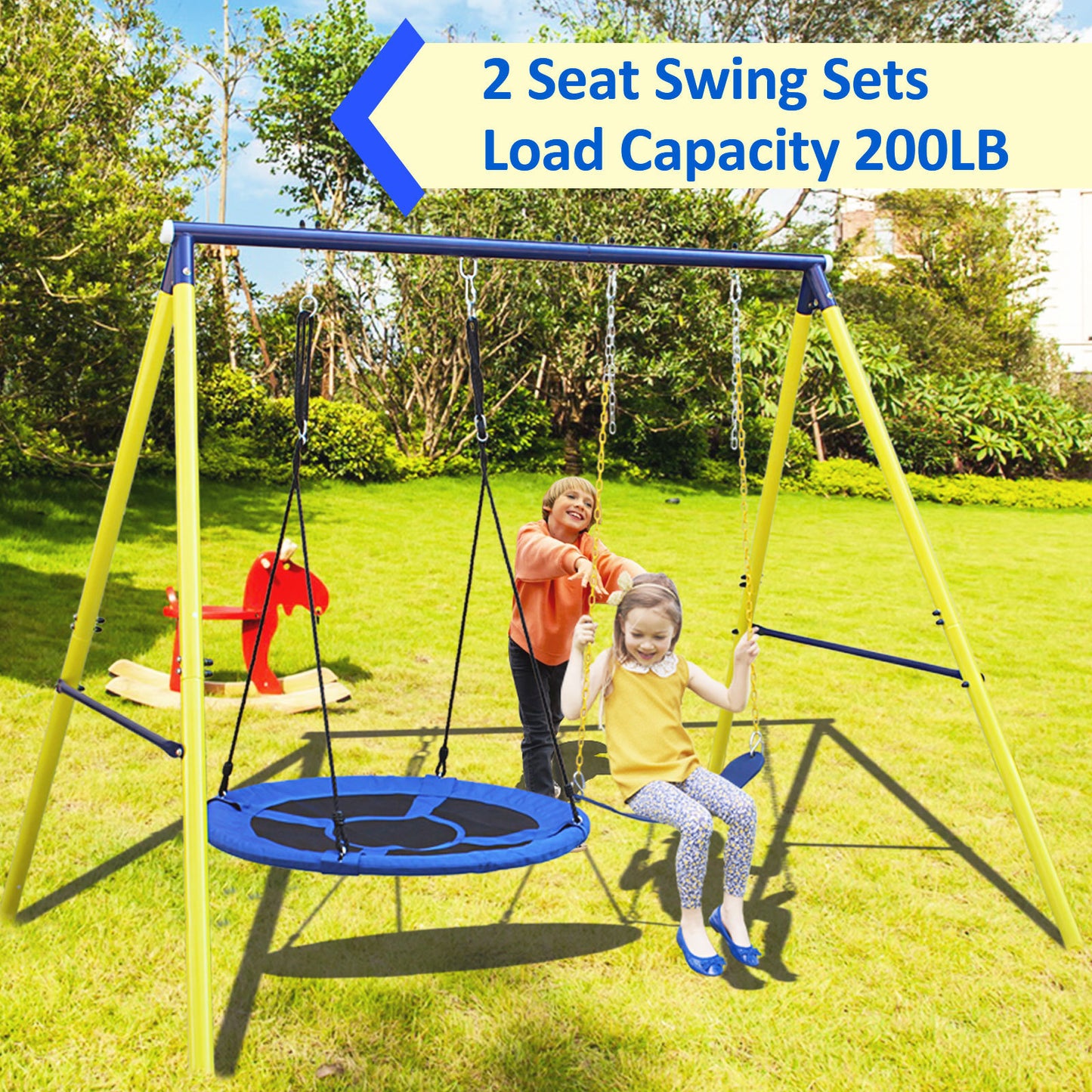 Backyard Metal Swing Set with Safety Belt for Kids