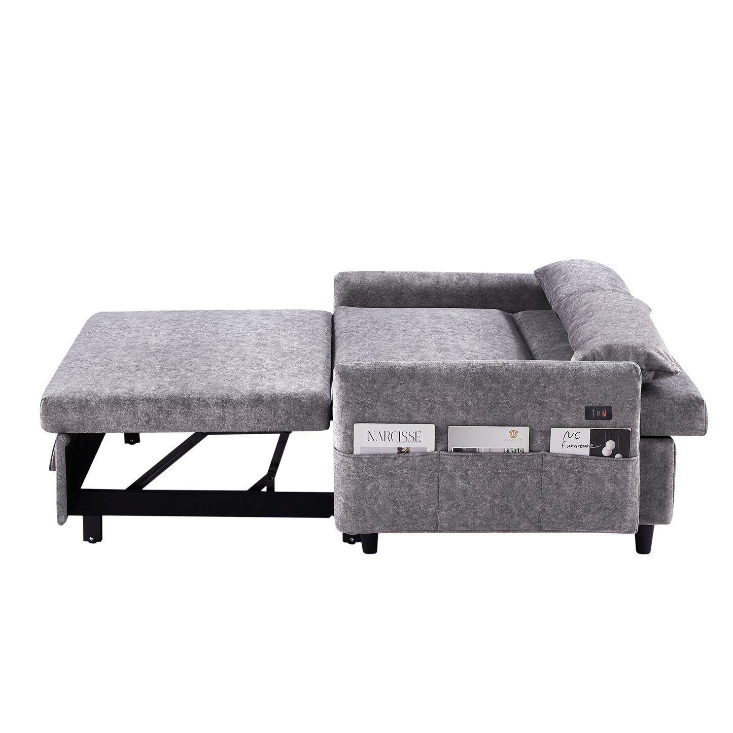 Adjustable Grey Loveseat Sofa Bed with USB Ports and Storage Pockets