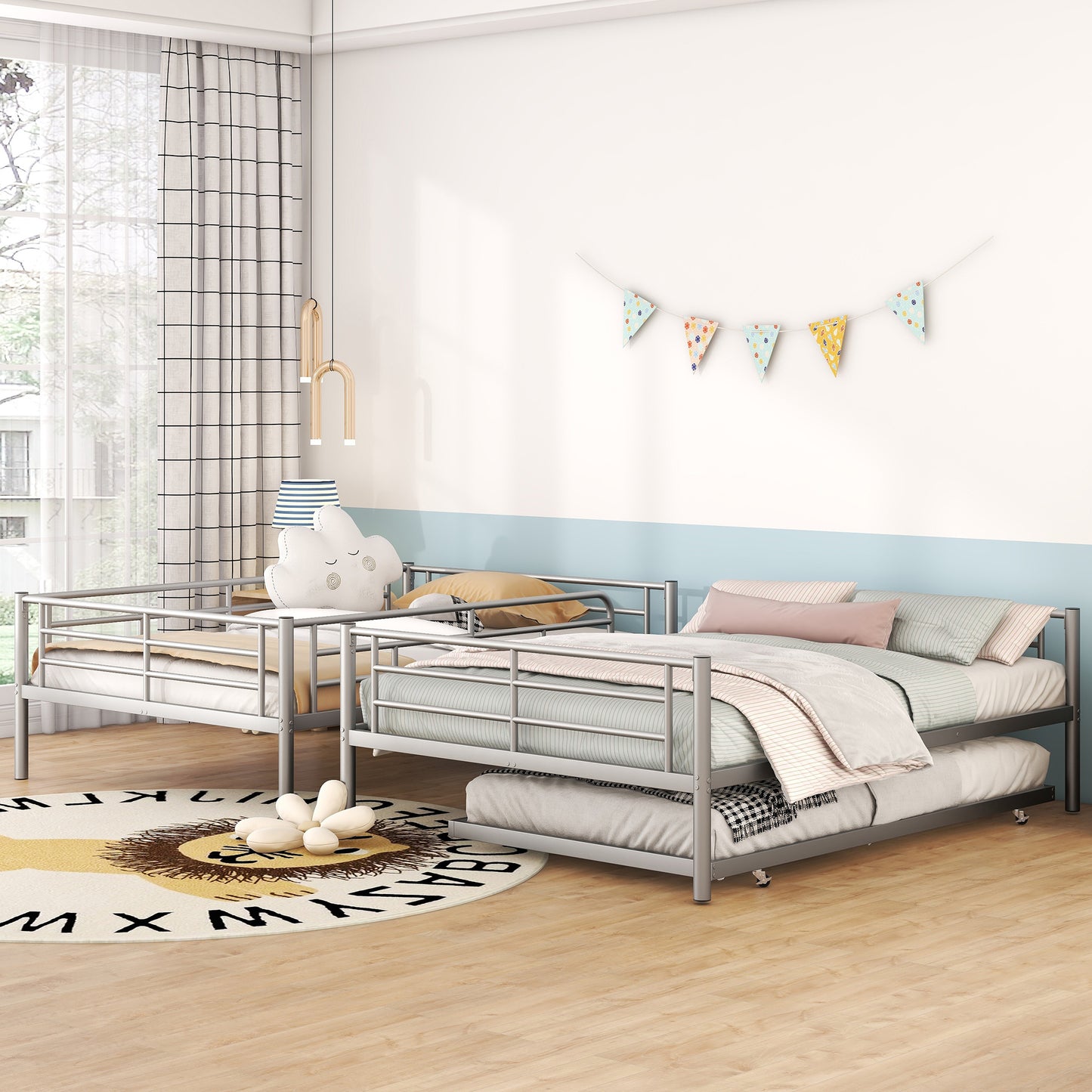 Silver Metal Full Over Full Bunk Bed Set with Trundle