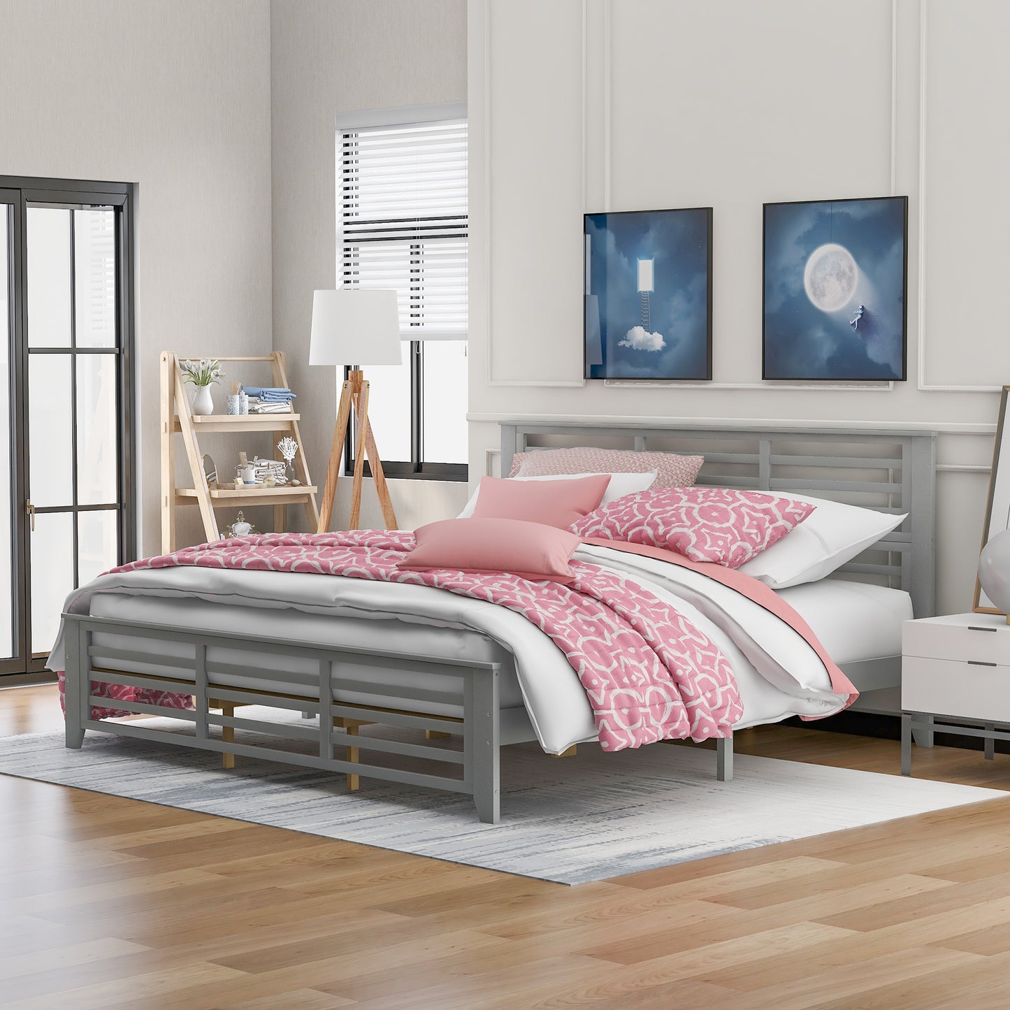 Platform bed with horizontal strip hollow shape, King size, gray