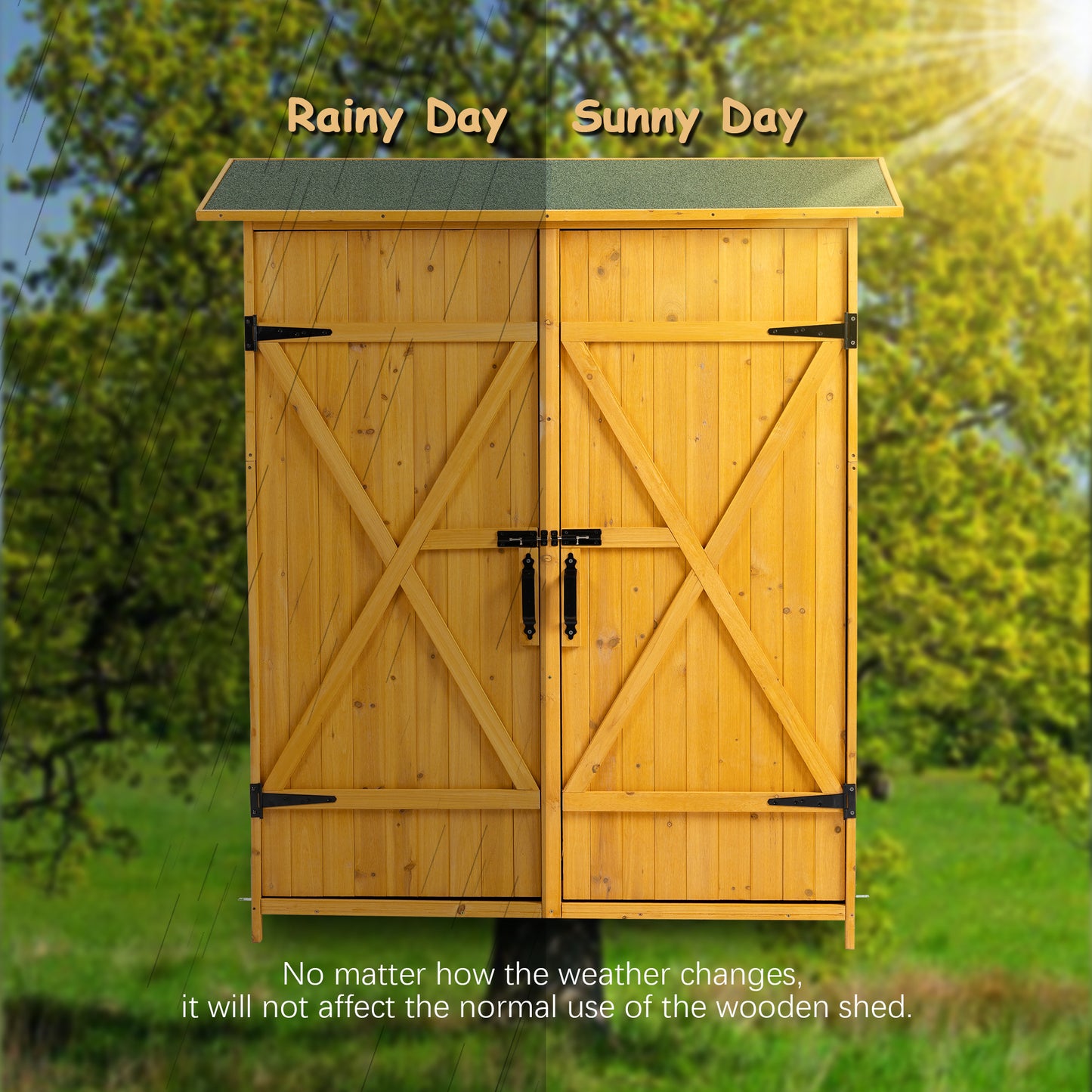 56"L x 19.5"W x 64"H Outdoor Storage Shed with Lockable Door, Wooden Tool Storage Shed w/Detachable Shelves & Pitch Roof, Natural