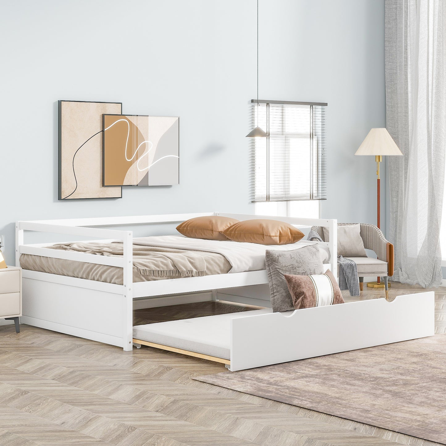 Twin Size Wood Daybed with Twin Size Trundle, White(Expected Arrival Time: 1.7)