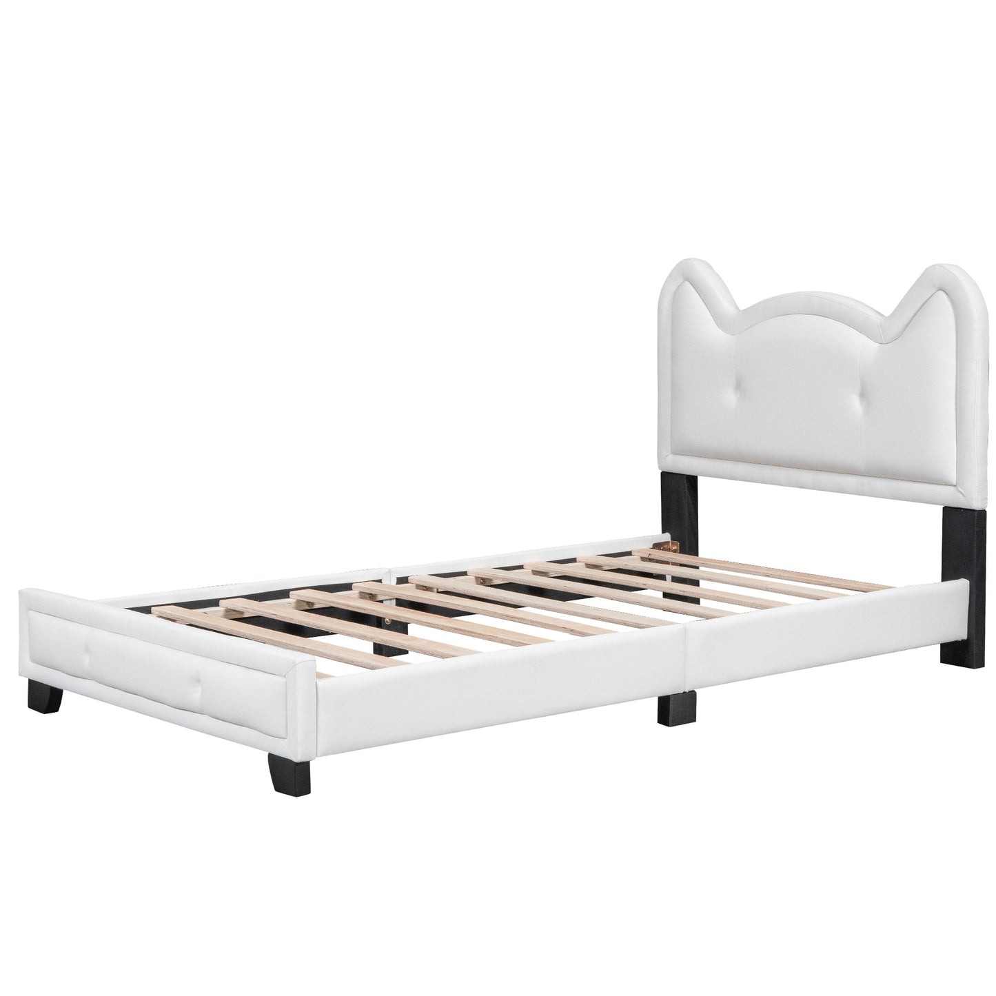 Twin Size Upholstered Platform Bed with Carton Ears Shaped Headboard, White