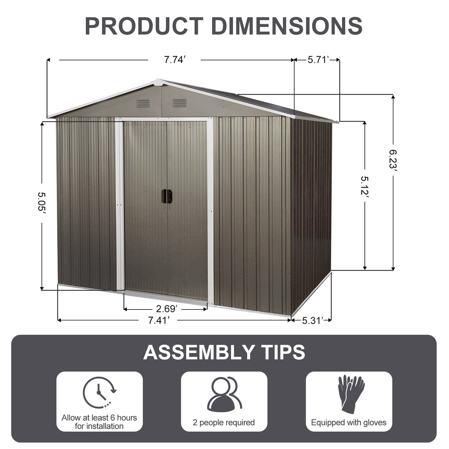 6ft x 8ft Outdoor Metal Storage Shed with Floor Base,Gray