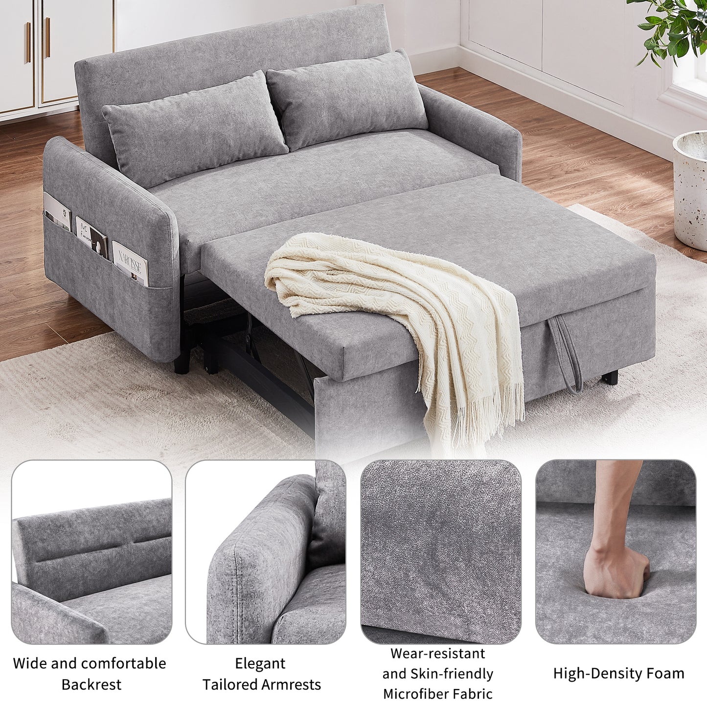 Adjustable Grey Loveseat Sofa Bed with USB Ports and Storage Pockets