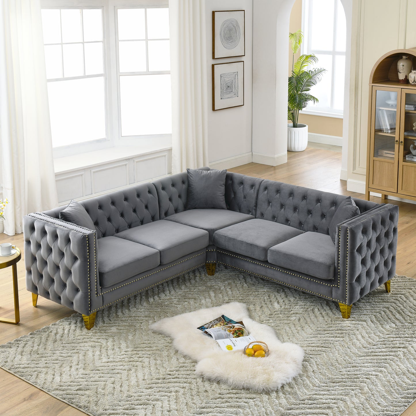 82.2-Inch Velvet L-Shaped Sectional Corner Sofa with 5-Seater Capacity and Nailhead Trim