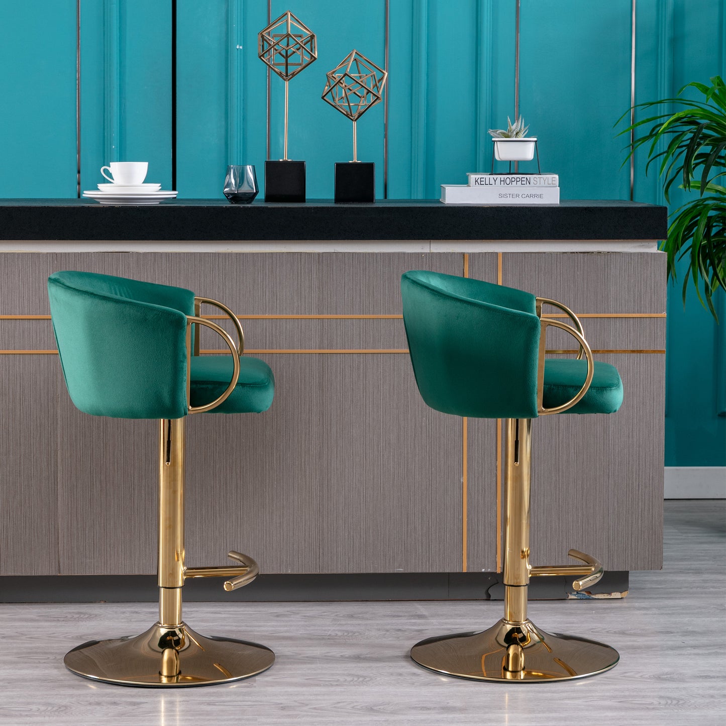 Set of 2  Bar Stools,with Chrome Footrest and Base Swivel Height Adjustable Mechanical Lifting Velvet + Golden Leg Simple Bar Stool-Green