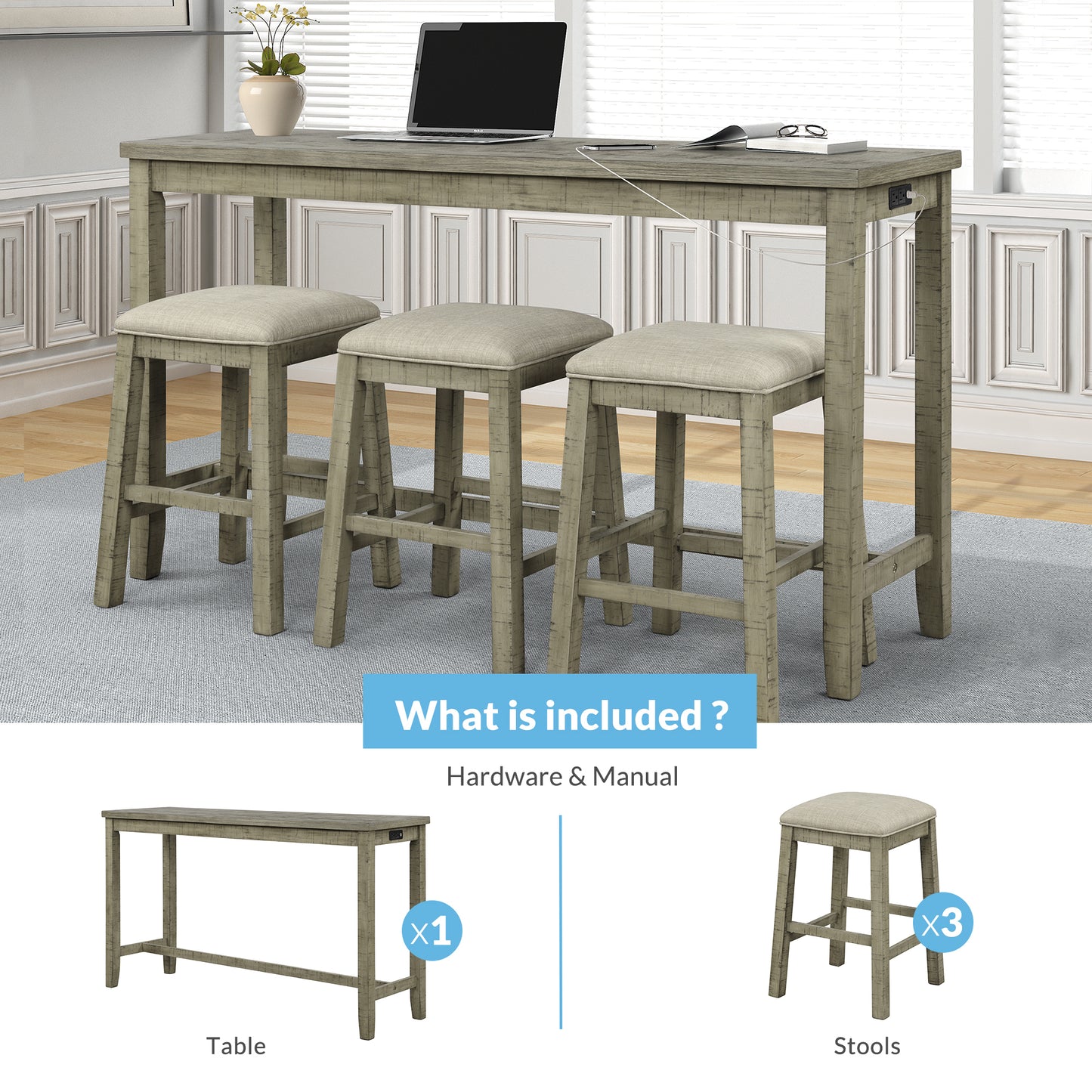 4 Pieces Counter Height Table with Fabric Padded Stools,Rustic Bar Dining Set with Socket,Gray Green