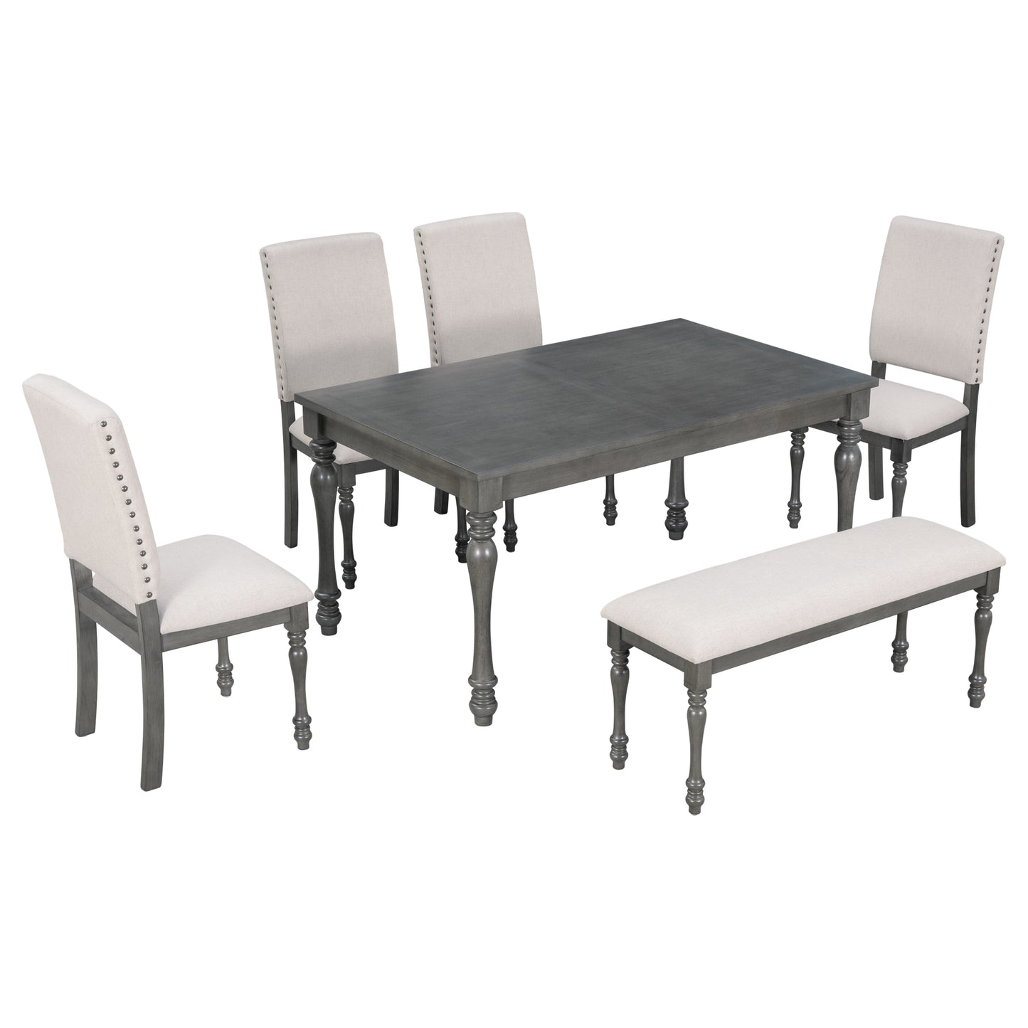 TREXM 6-Piece Wood Dining Table Set Rectangular Table with Turned Legs, 4 Upholstered Chairs and Bench for Dining Room (Gray)