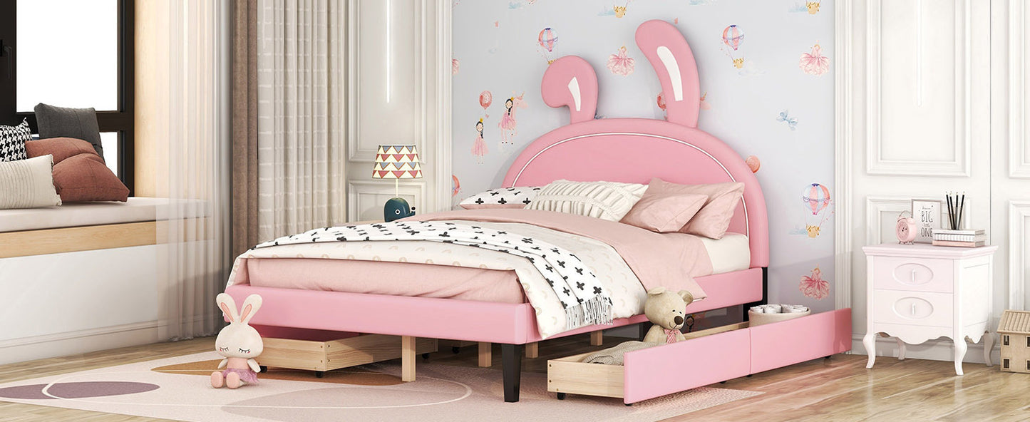 Full Size Upholstered Leather Platform Bed with Rabbit Ornament and 4 Drawers, Pink