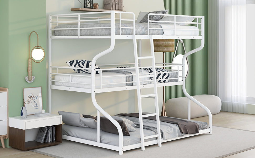 White Triple Bunk Bed Set with Full XL, Twin XL, and Queen Size Layers