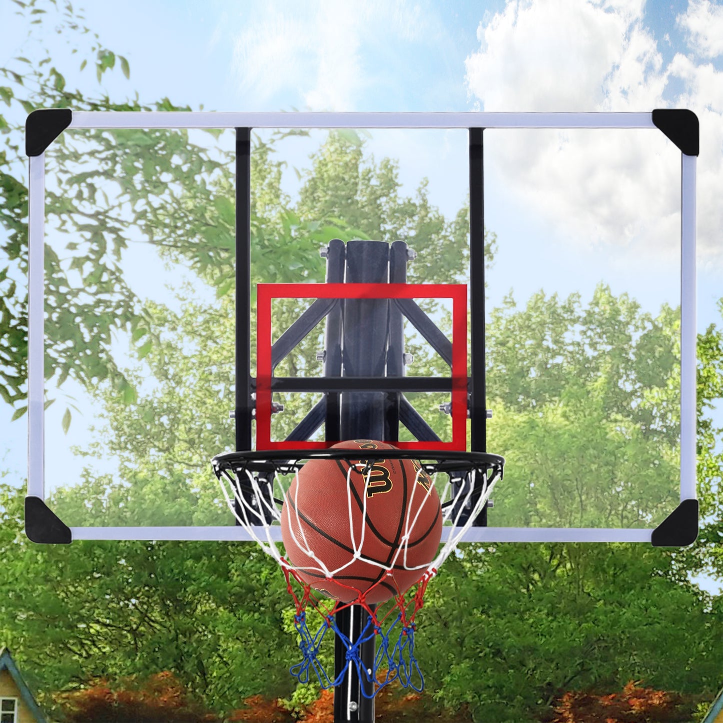 Portable Basketball Hoop & Goal with Vertical Jump Measurement, Outdoor Basketball System with 7.5-10ft Height Adjustment in 44'' Backboard for Youth/Audlt, Manual Lifting Basketball Hoop