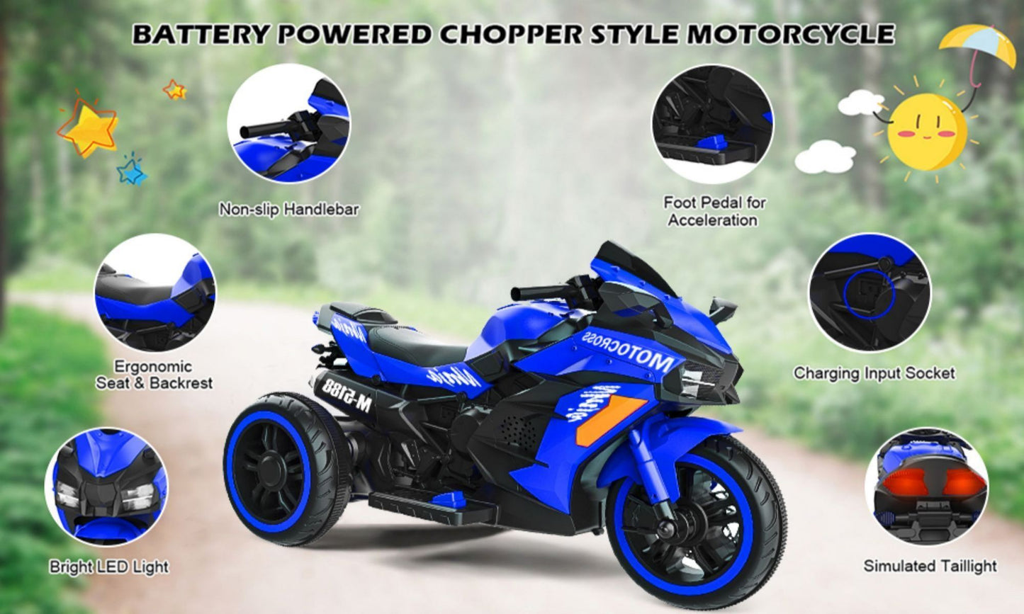 Electric 3 Wheel Motorcycle for Kids - Blue, Rechargeable and Safe