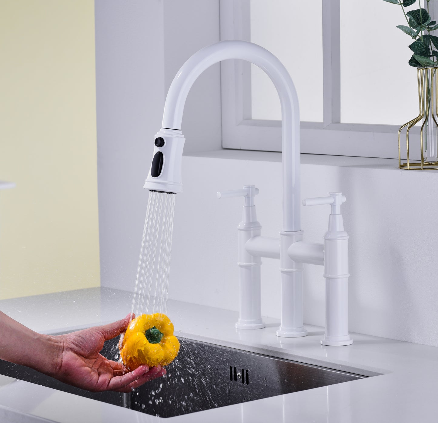 Bridge Kitchen Faucet with Pull-Down Sprayhead in Spot