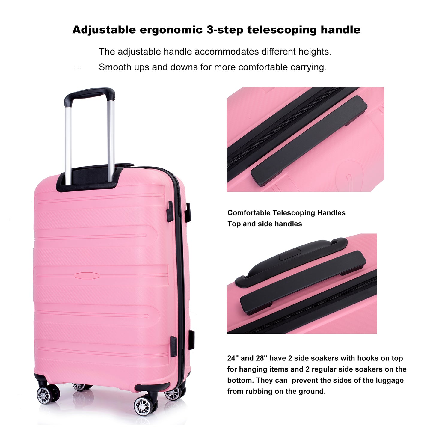 Hardshell Suitcase Spinner Wheels PP Luggage Sets Lightweight Durable Suitcase with TSA Lock,3-Piece Set (20/24/28) ,Pink